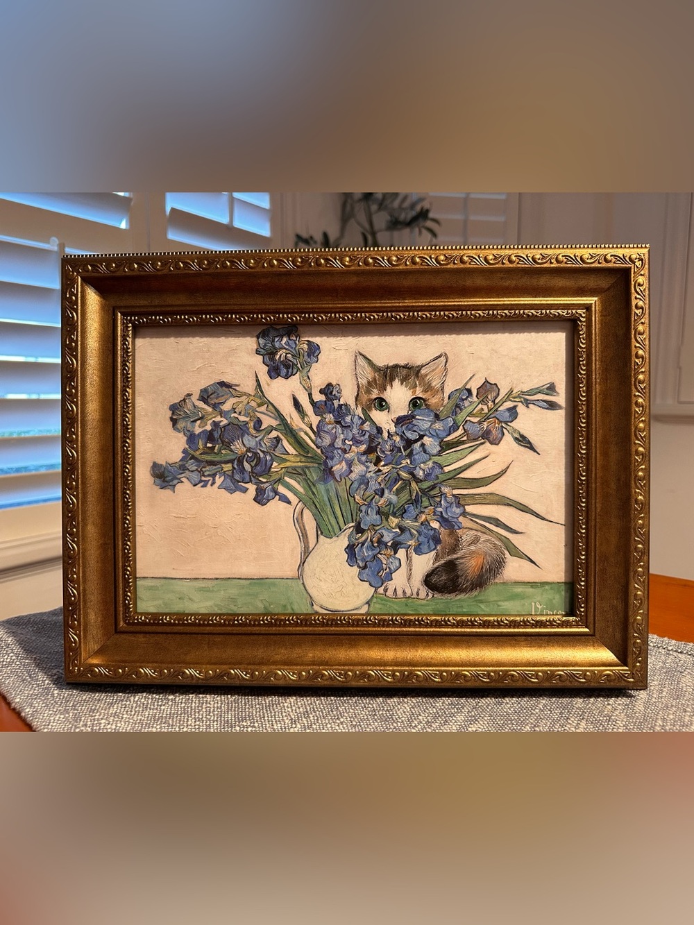 14x16 Irises by Vincent Van Gogh or Irises with a cat print ornate gold frame